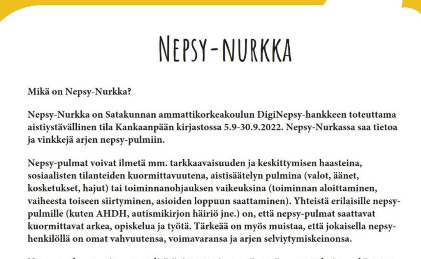 Nepsy-nurkka Kankaanpään kirjastossa 5.-30.9.2022